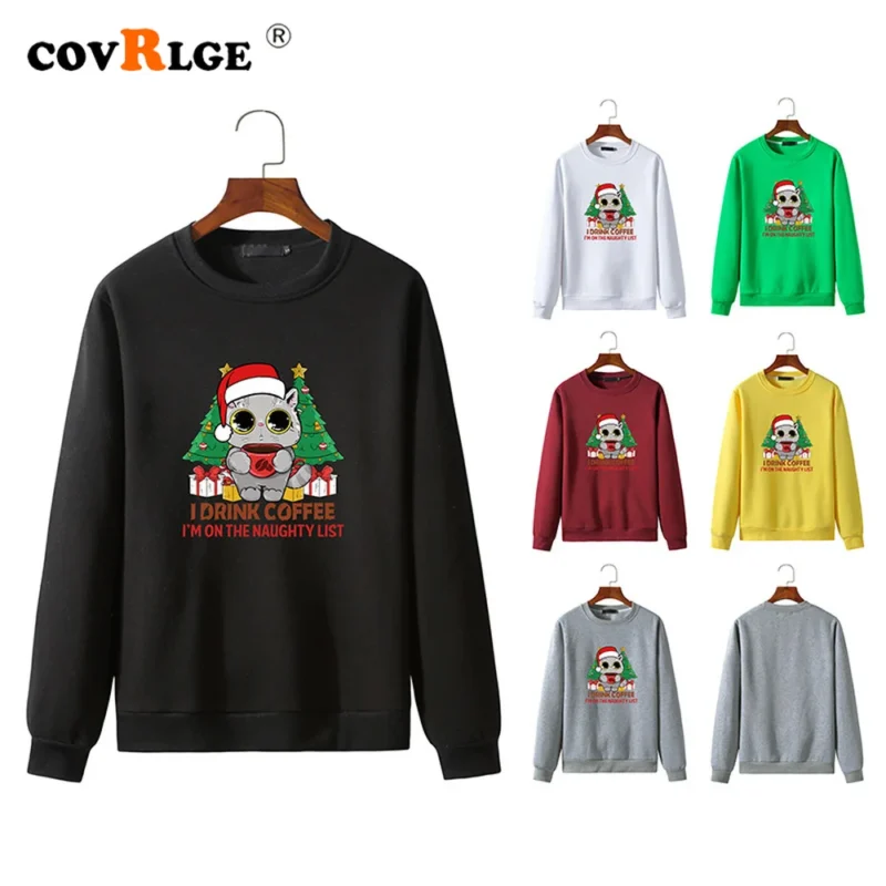 Covrlge Funny Print Men’s Hoodie Christmas Big Eyes Cute Cat Autumn Causal New Men Crewneck Sweatshirt Streetwear Male MWW351